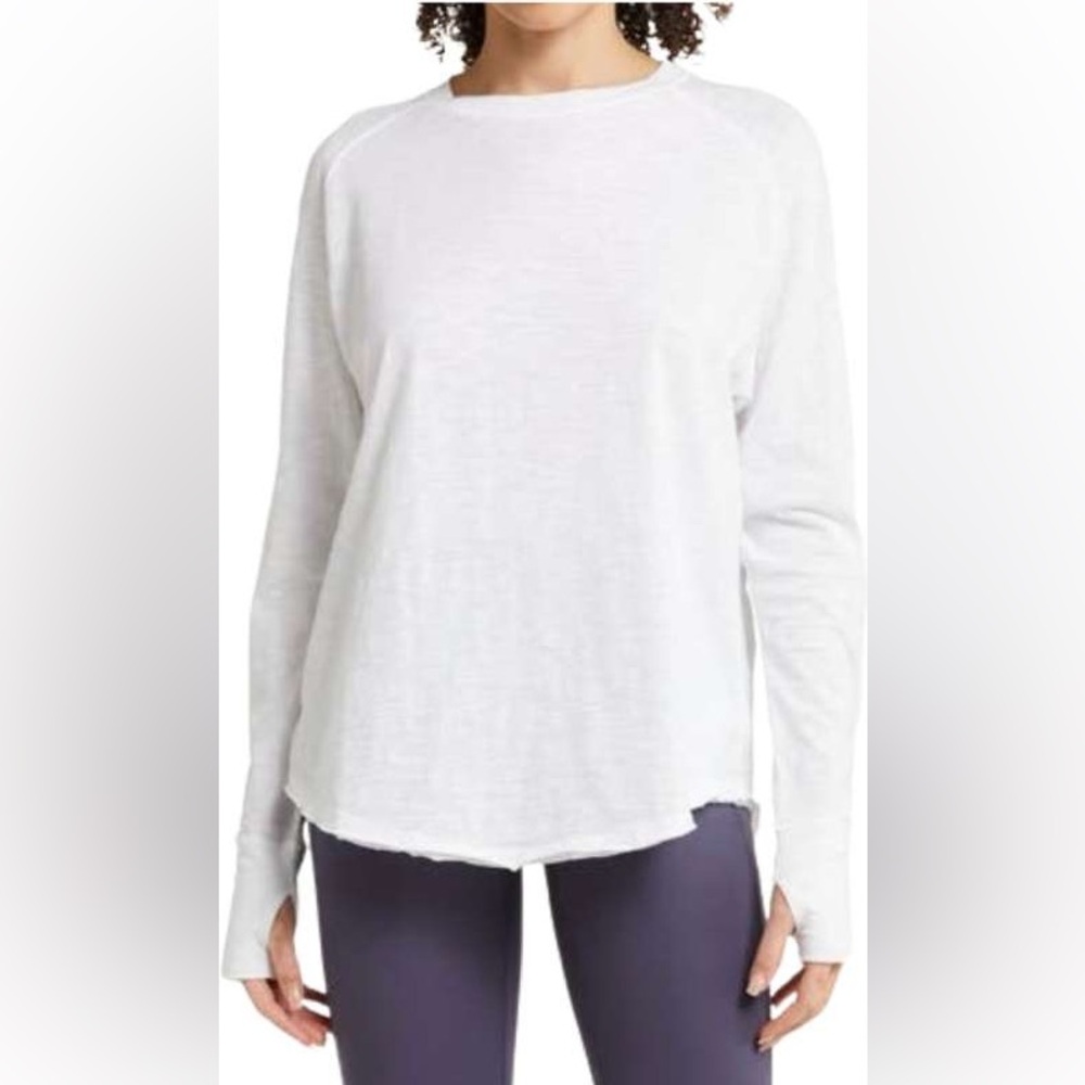 Zella White Long Sleeve 100% Cotton Relaxed Crewneck Top